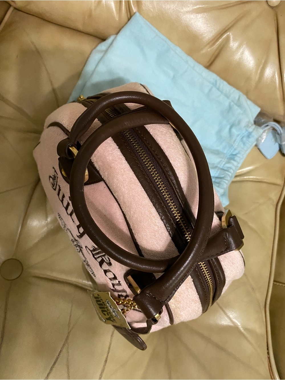 Vintage Juicy Couture Royal Bowler Bag Velour Velvet Baby Pink Crown w/Charms - Picture 11 of 16